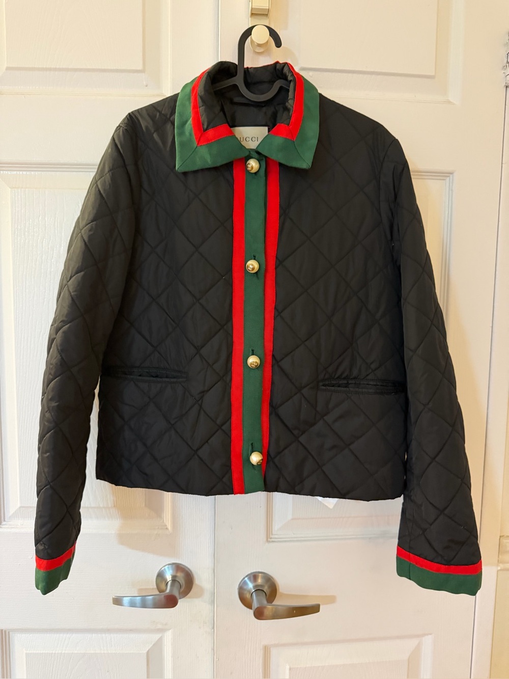Gucci Black Quilted Jacket with Green & Red Web Trim and Gold Button